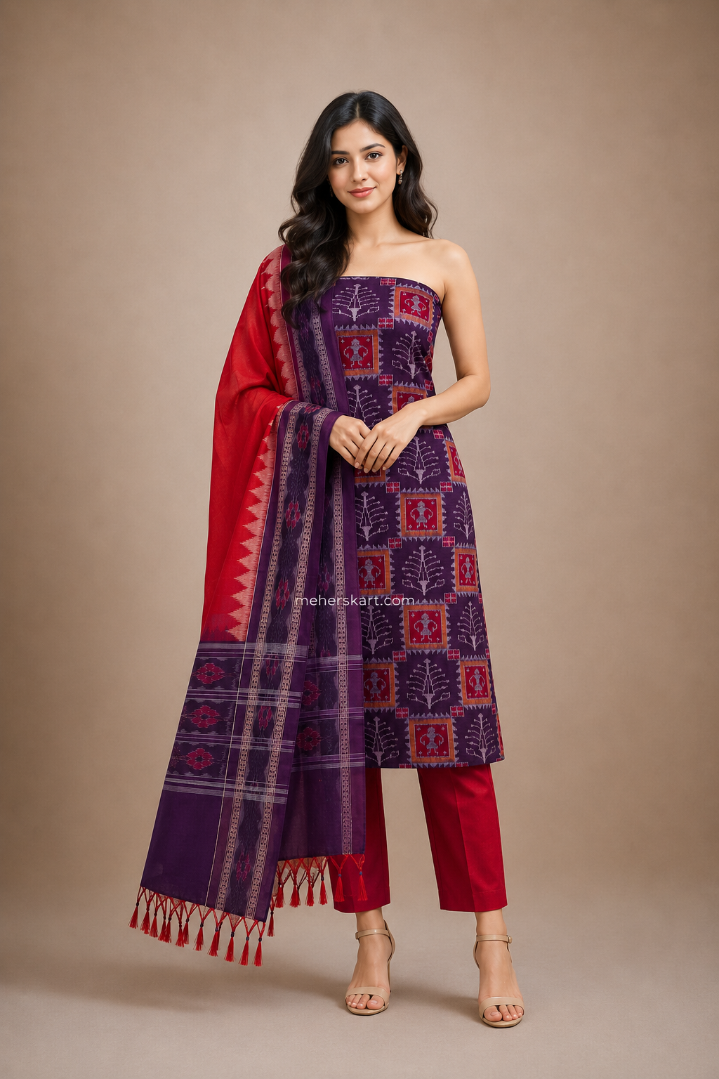 sambalpuri unstitiched dress meterial purpul red