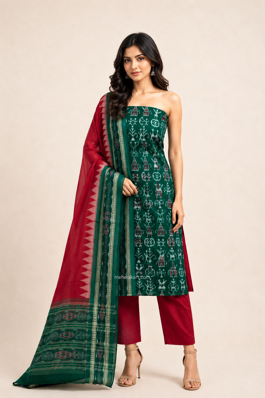 sambalpuri unstitiched dress meterial green red