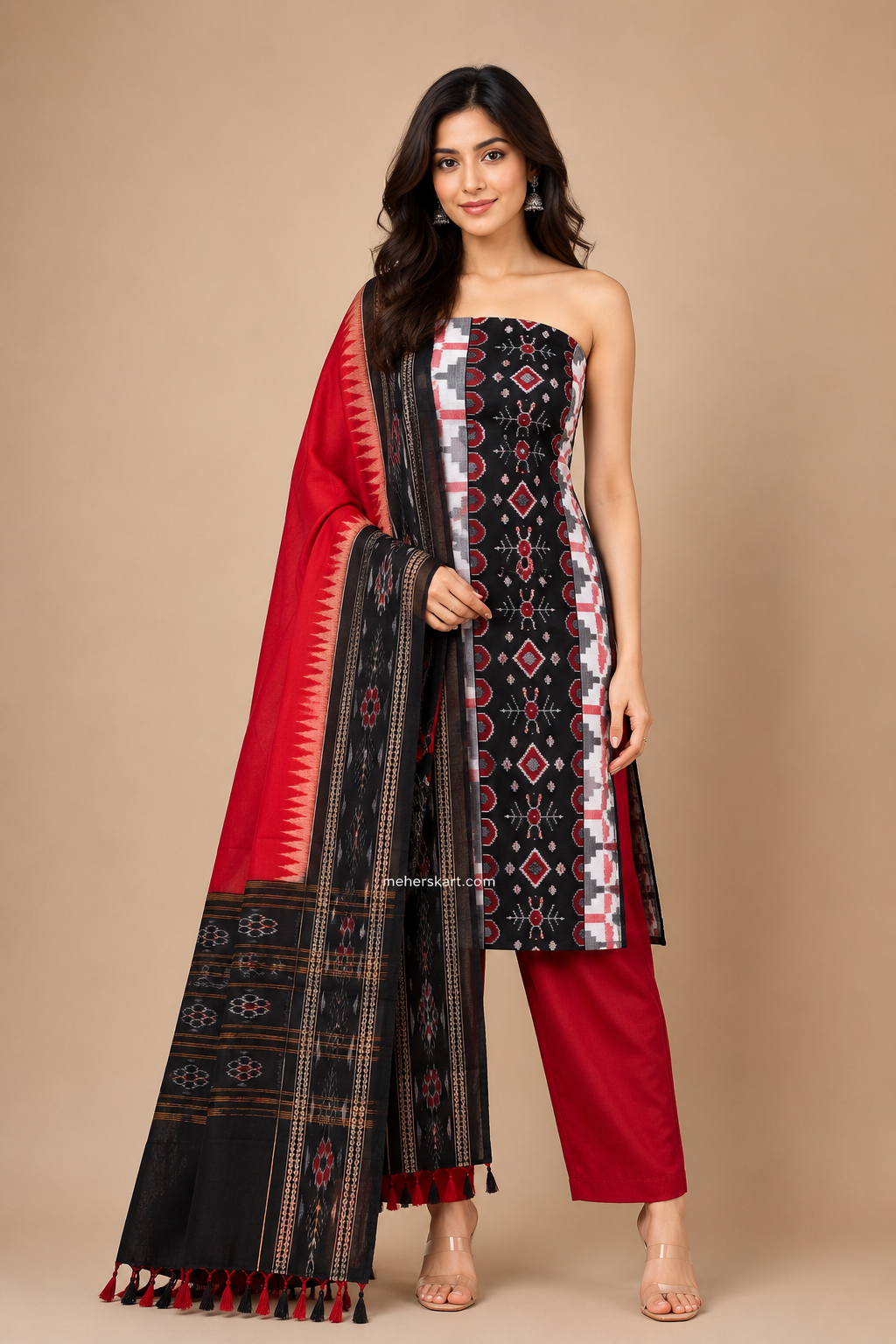 pasapali unstitiched dress meterial black red