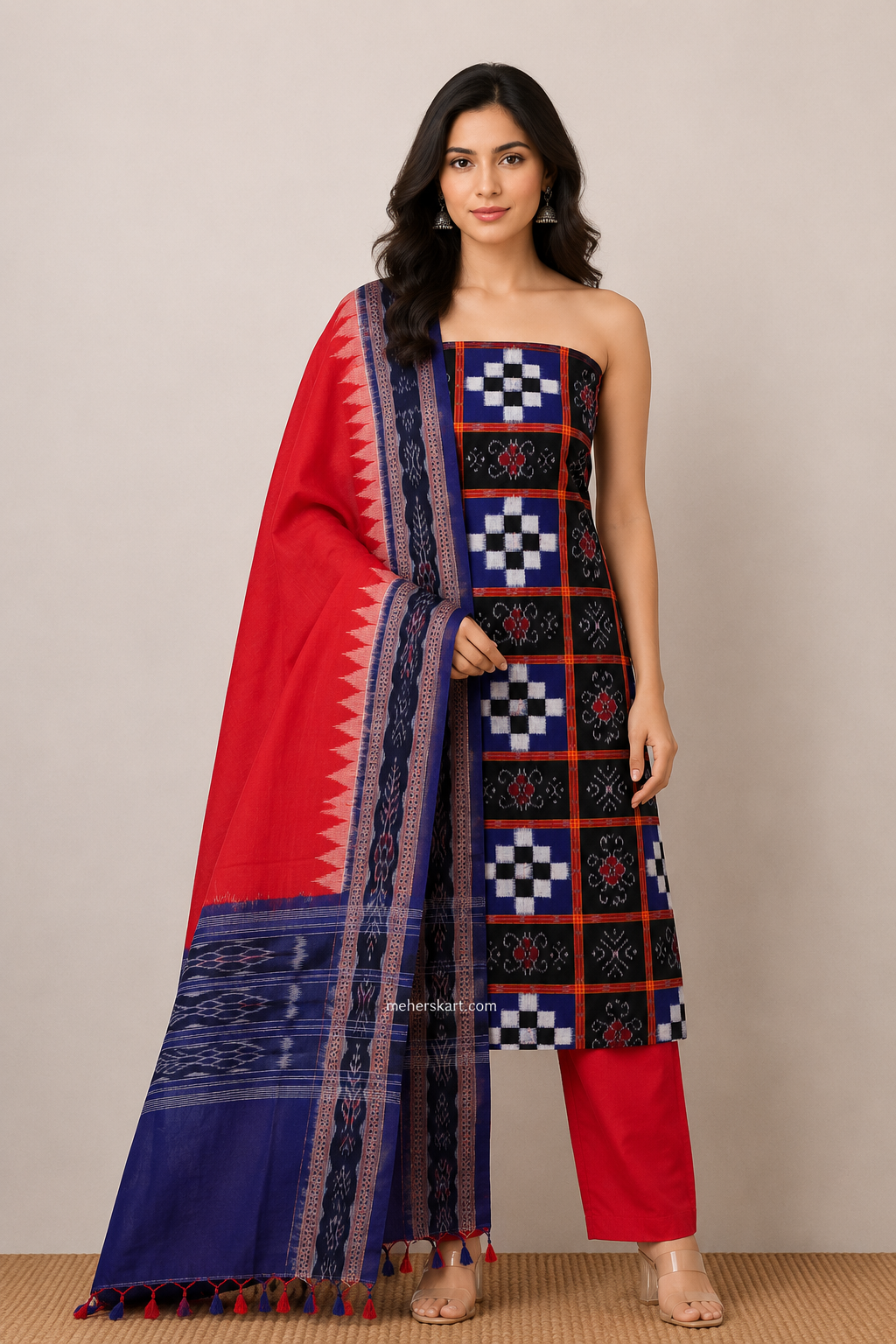 pasapali unstitiched dress meterial blue red