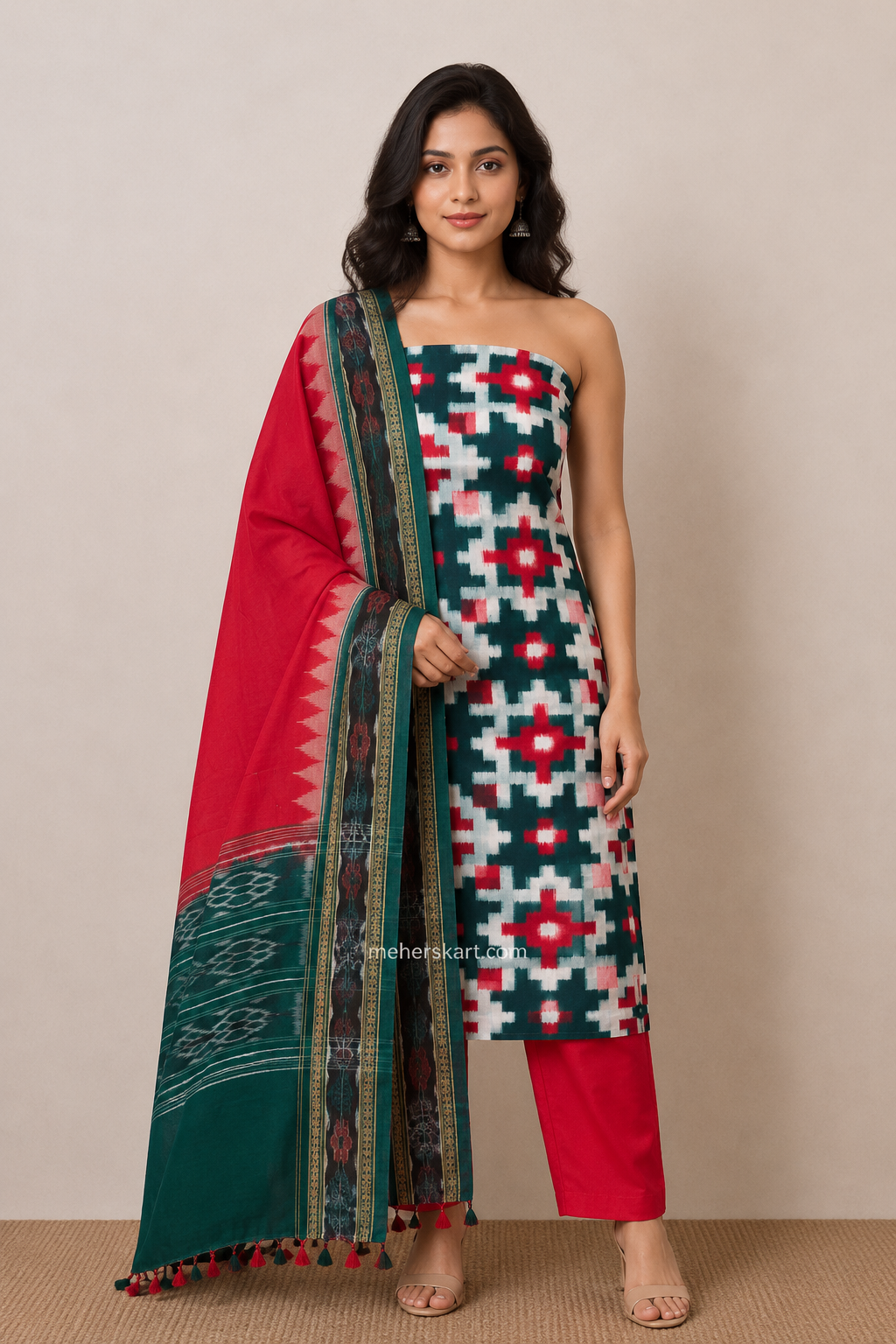 pasapali unstitiched dress meterial green red