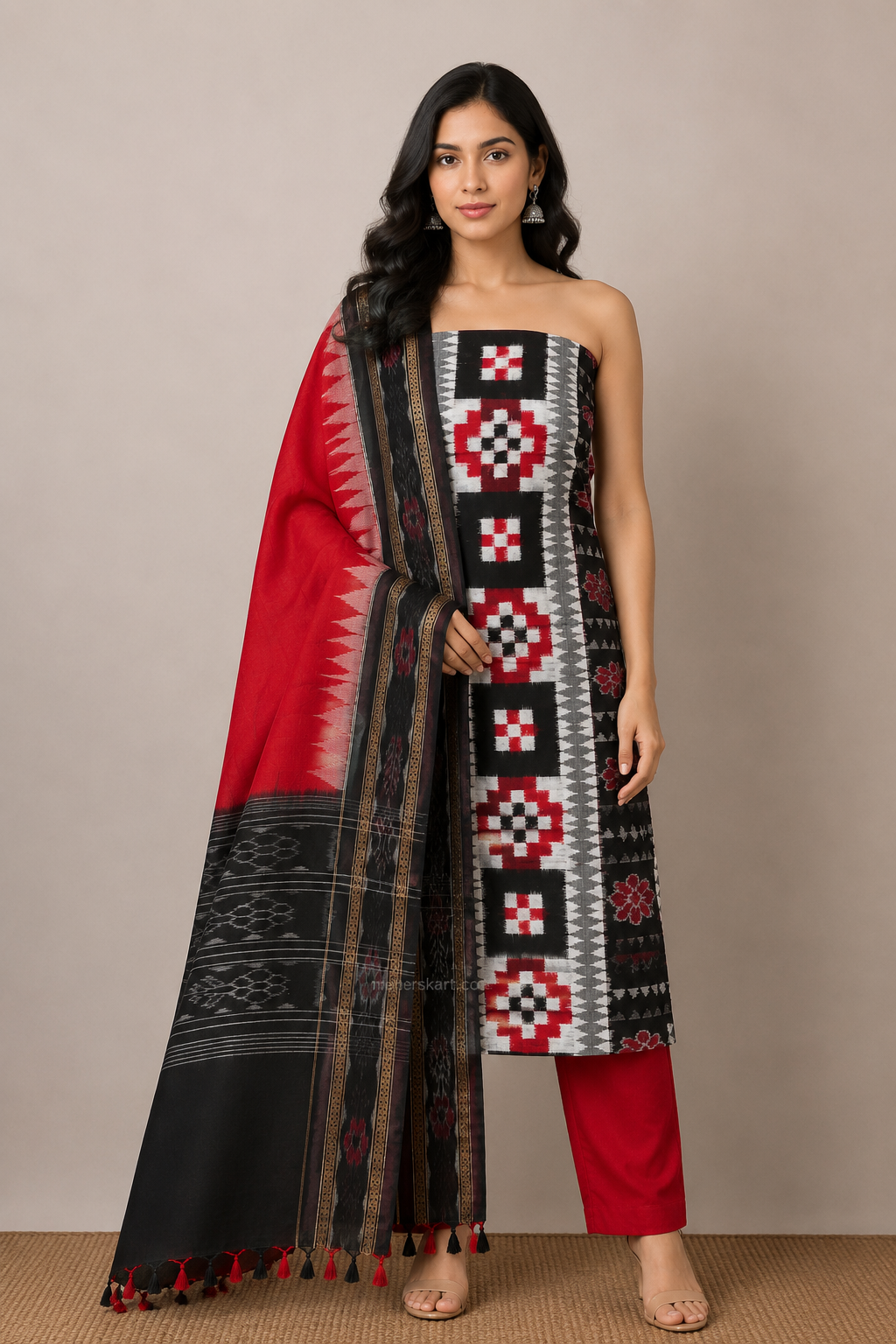 pasapali unstitiched dress meterial white red